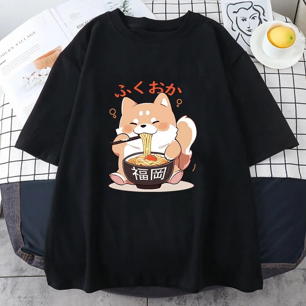 Cute Shiba Inu Slurping Ramen Unisex Tee-Enchanted peach