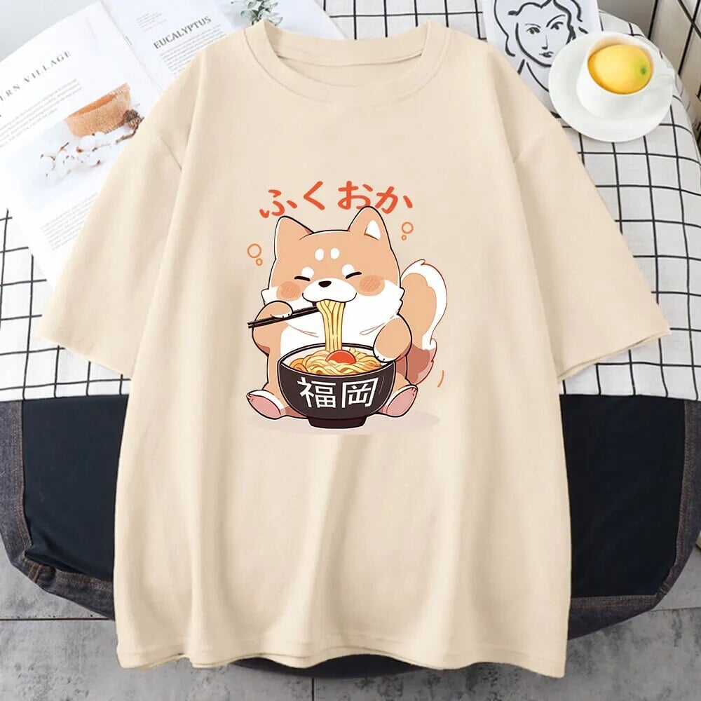 Cute Shiba Inu Slurping Ramen Unisex Tee-Enchanted peach