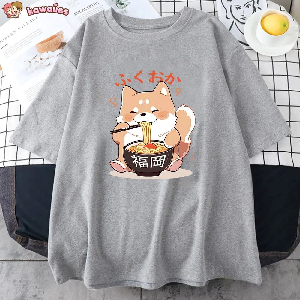 Cute Shiba Inu Slurping Ramen Unisex Tee-Enchanted peach