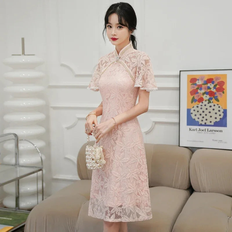 Dainty Lace Chinese Traditional Qipao Cheongsam Dress-Enchanted peach