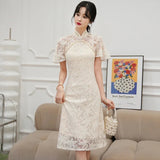 Dainty Lace Chinese Traditional Qipao Cheongsam Dress-Enchanted peach