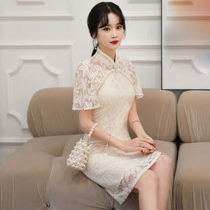 Dainty Lace Chinese Traditional Qipao Cheongsam Dress-Enchanted peach