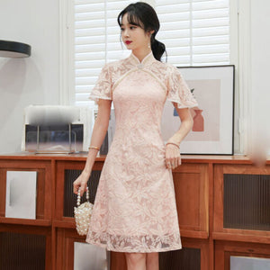 Dainty Lace Chinese Traditional Qipao Cheongsam Dress-Enchanted peach