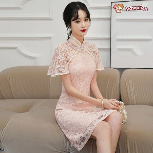 Dainty Lace Chinese Traditional Qipao Cheongsam Dress-Enchanted peach