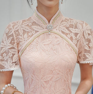 Dainty Lace Chinese Traditional Qipao Cheongsam Dress-Enchanted peach