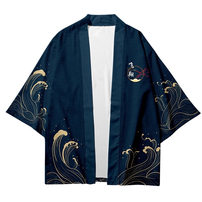 Dark Navy Blood-Red Sun Cranes Unisex Kimono-Enchanted peach