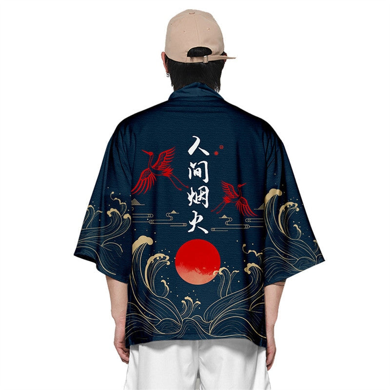 Dark Navy Blood-Red Sun Cranes Unisex Kimono-Enchanted peach