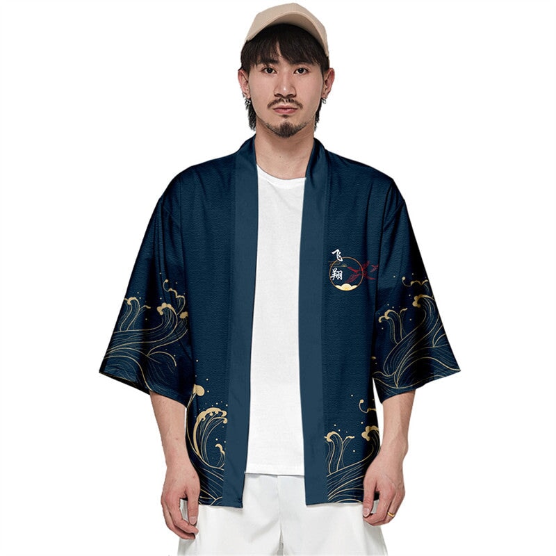 Dark Navy Blood-Red Sun Cranes Unisex Kimono-Enchanted peach