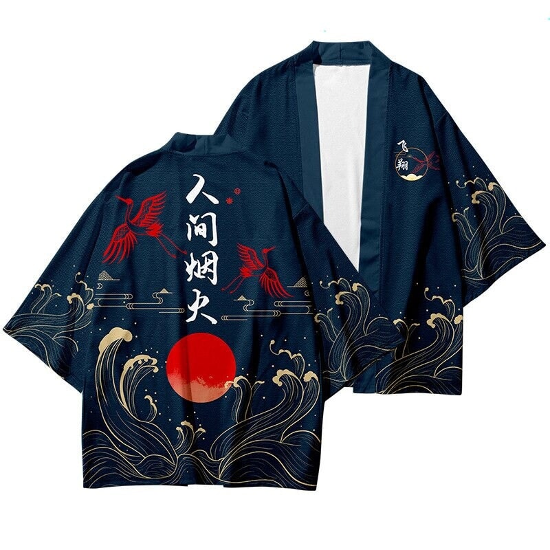 Dark Navy Blood-Red Sun Cranes Unisex Kimono-Enchanted peach