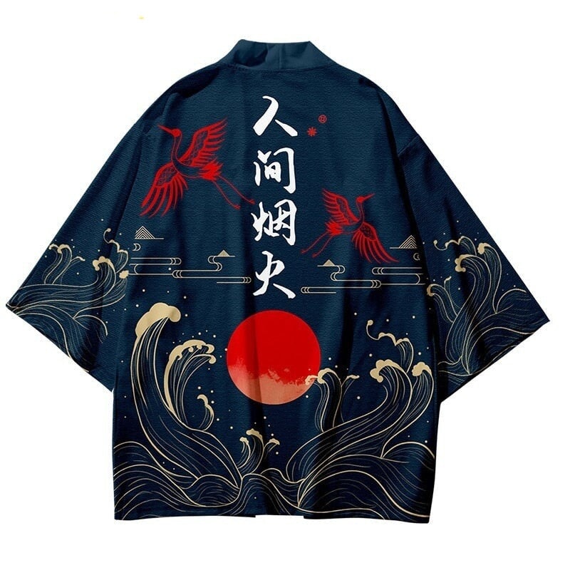 Dark Navy Blood-Red Sun Cranes Unisex Kimono-Enchanted peach