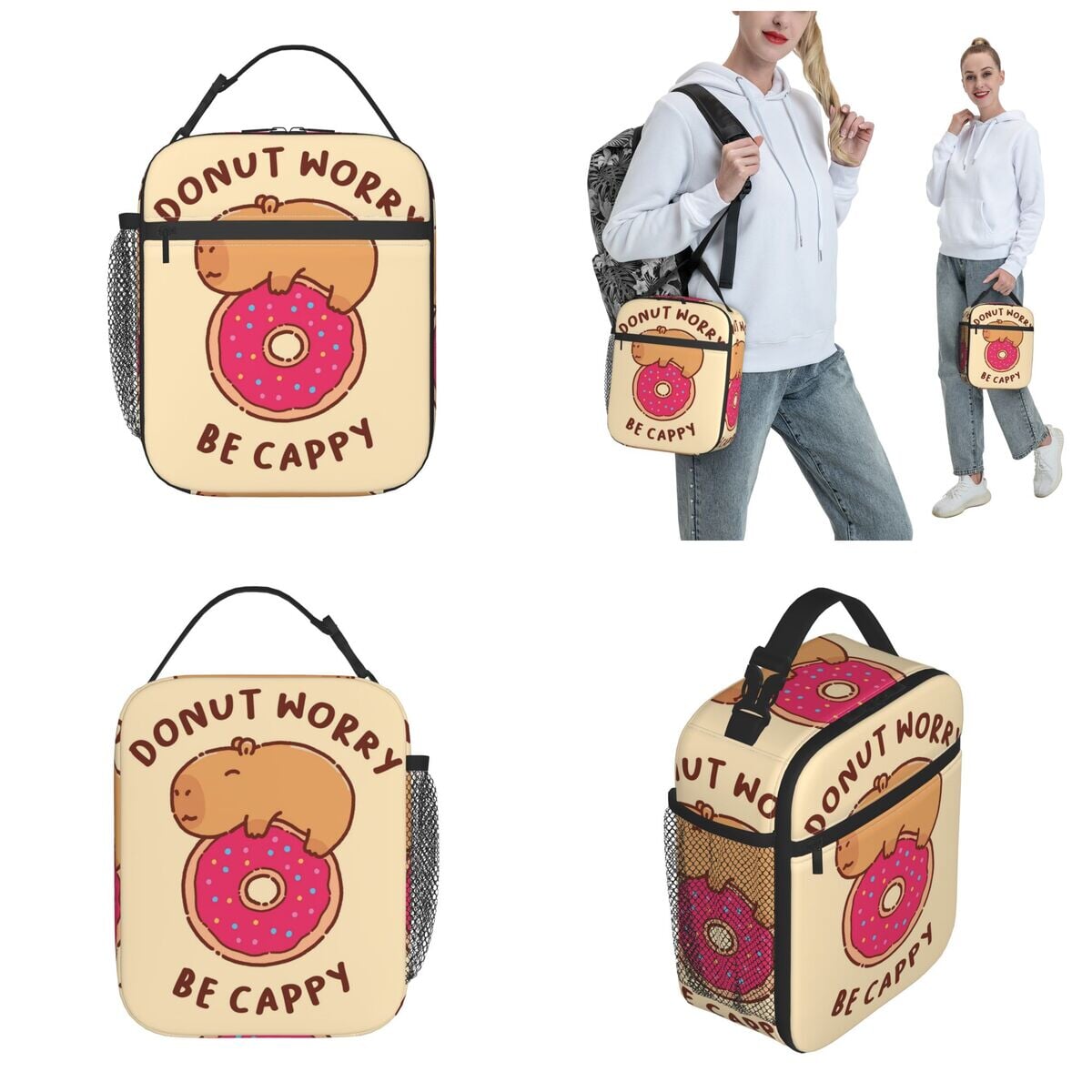 'Donut Worry Be Cappy' Capybara Lunch Bags-Enchanted peach