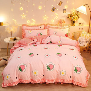 Dreaming Strawberry Kawaii Bedding Set with Bed Sheet-Enchanted peach