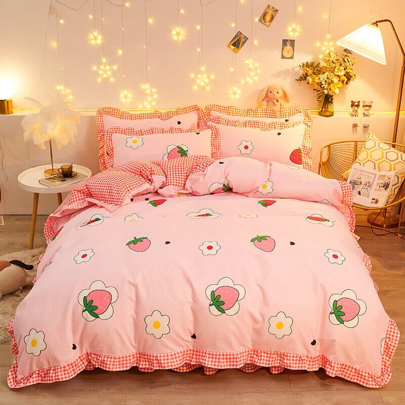 Dreaming Strawberry Kawaii Bedding Set with Bed Sheet-Enchanted peach