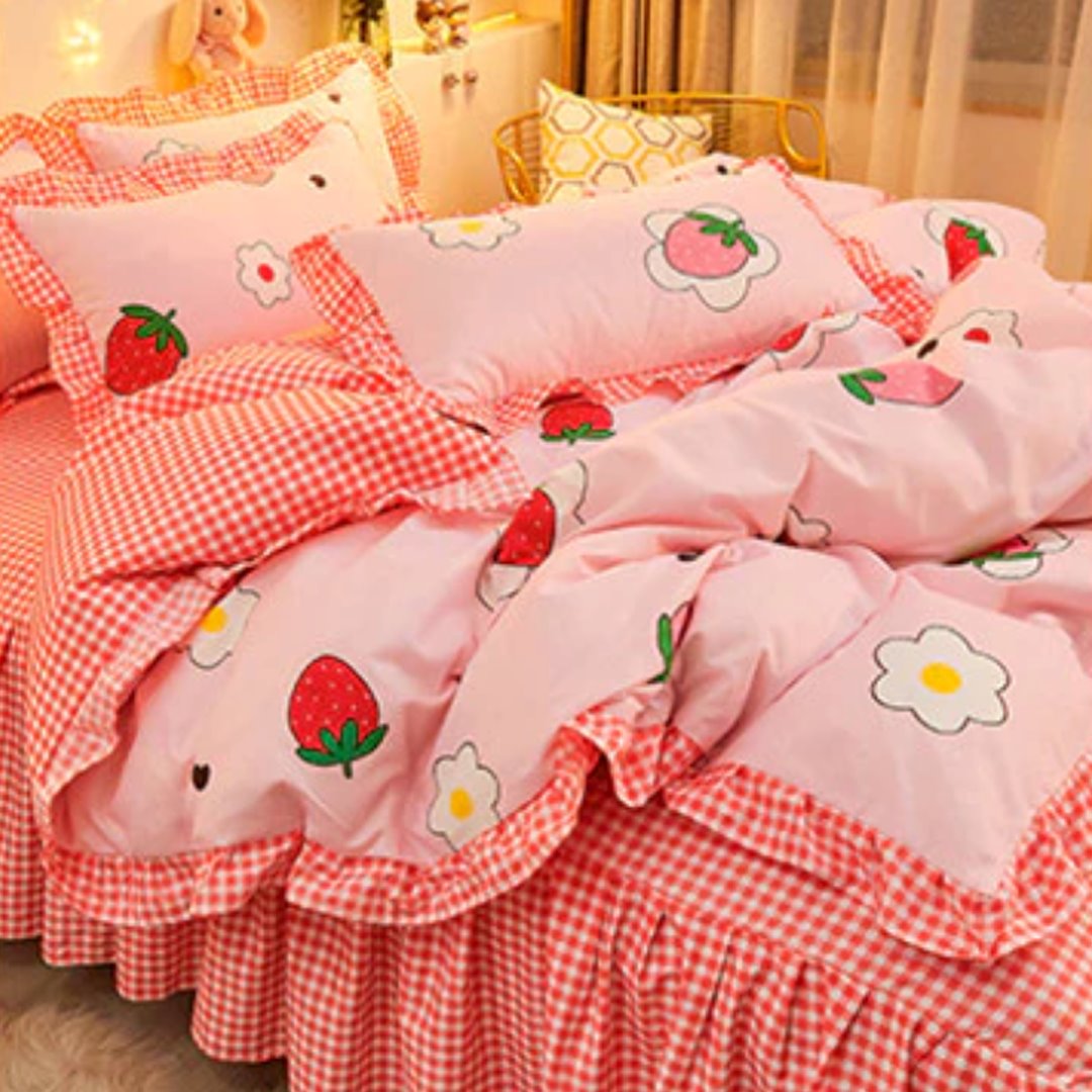 Dreaming Strawberry Kawaii Bedding Set with Bed Sheet-Enchanted peach