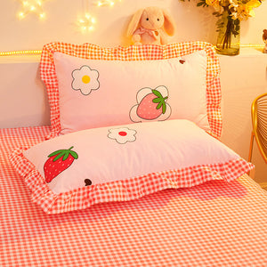 Dreaming Strawberry Kawaii Bedding Set without Bed Sheet-Enchanted peach