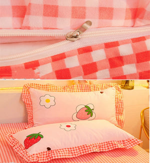 Dreaming Strawberry Kawaii Bedding Set without Bed Sheet-Enchanted peach