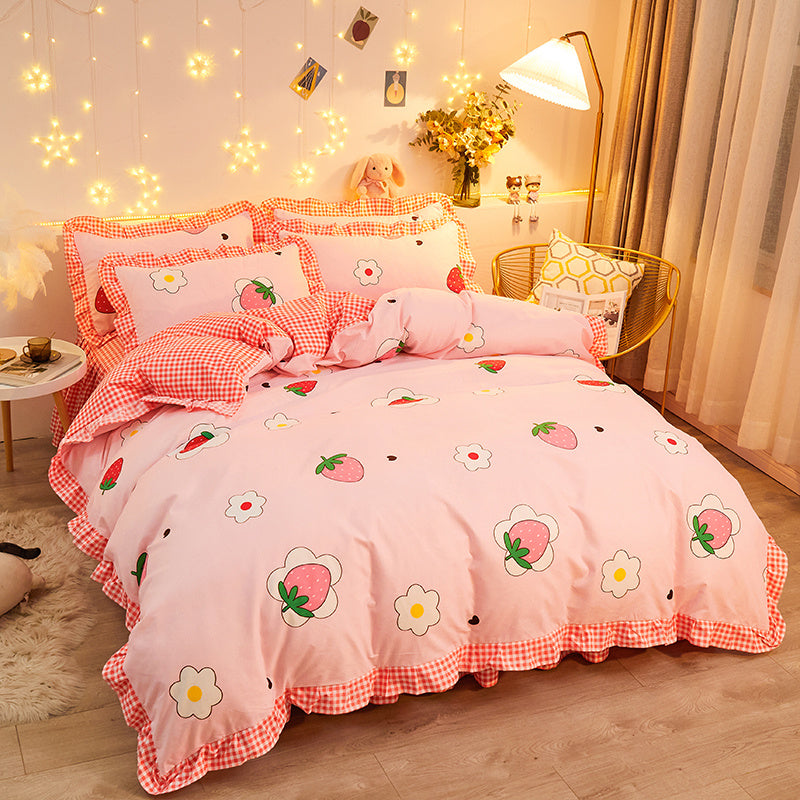 Dreaming Strawberry Kawaii Bedding Set without Bed Sheet-Enchanted peach