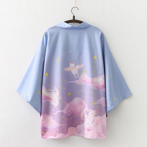 Elegant Sky Clouds Flying Cats Japanese Kimono-Enchanted peach