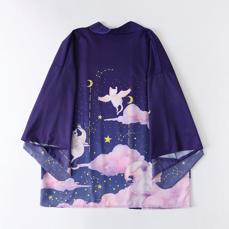 Elegant Sky Clouds Flying Cats Japanese Kimono-Enchanted peach