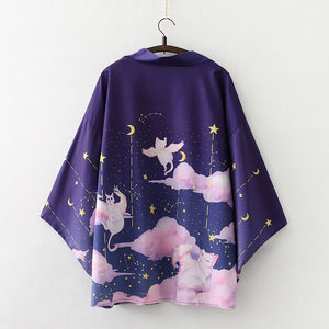 Elegant Sky Clouds Flying Cats Japanese Kimono-Enchanted peach