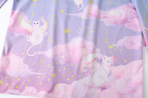 Elegant Sky Clouds Flying Cats Japanese Kimono-Enchanted peach