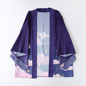 Elegant Sky Clouds Flying Cats Japanese Kimono-Enchanted peach