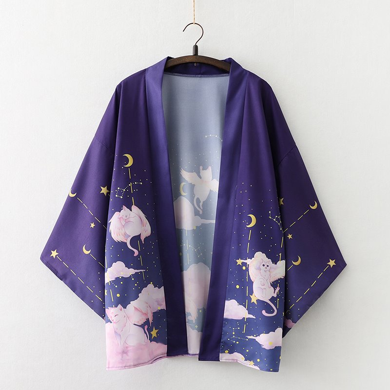 Elegant Sky Clouds Flying Cats Japanese Kimono-Enchanted peach