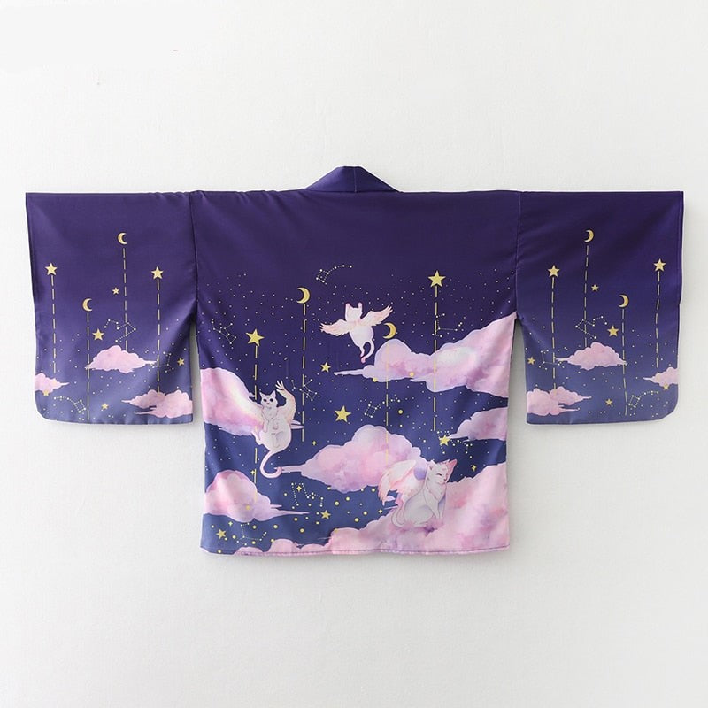 Elegant Sky Clouds Flying Cats Japanese Kimono-Enchanted peach