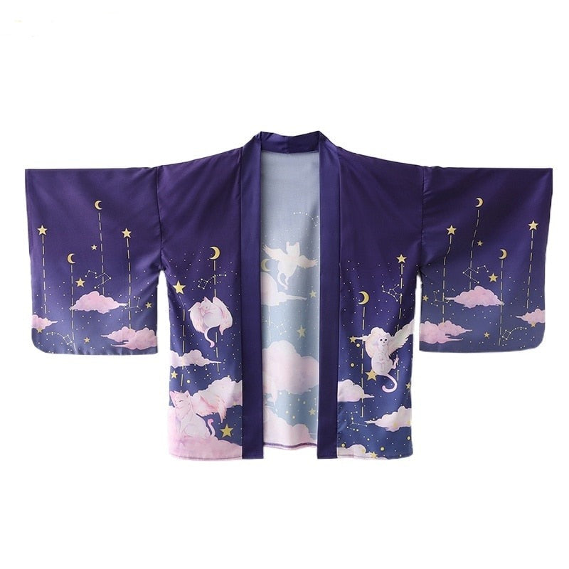 Elegant Sky Clouds Flying Cats Japanese Kimono-Enchanted peach