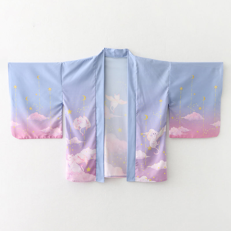 Elegant Sky Clouds Flying Cats Japanese Kimono-Enchanted peach