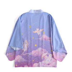 Elegant Sky Clouds Flying Cats Japanese Kimono-Enchanted peach