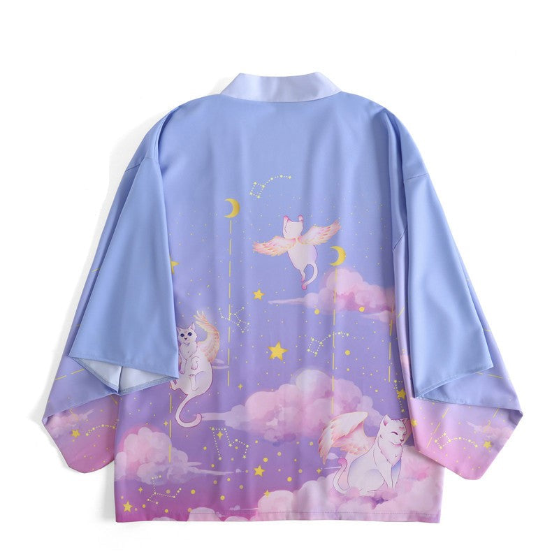 Elegant Sky Clouds Flying Cats Japanese Kimono-Enchanted peach