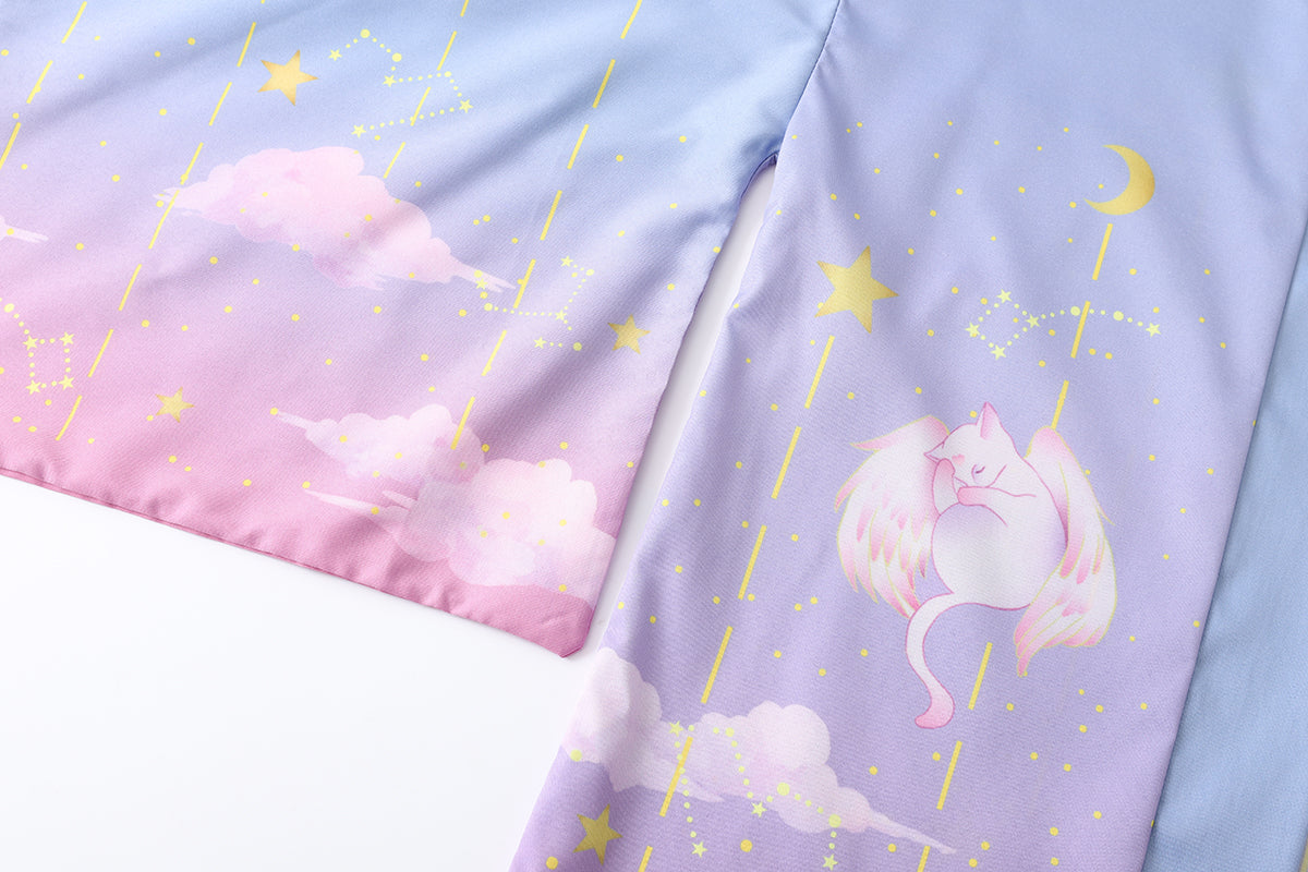 Elegant Sky Clouds Flying Cats Japanese Kimono-Enchanted peach