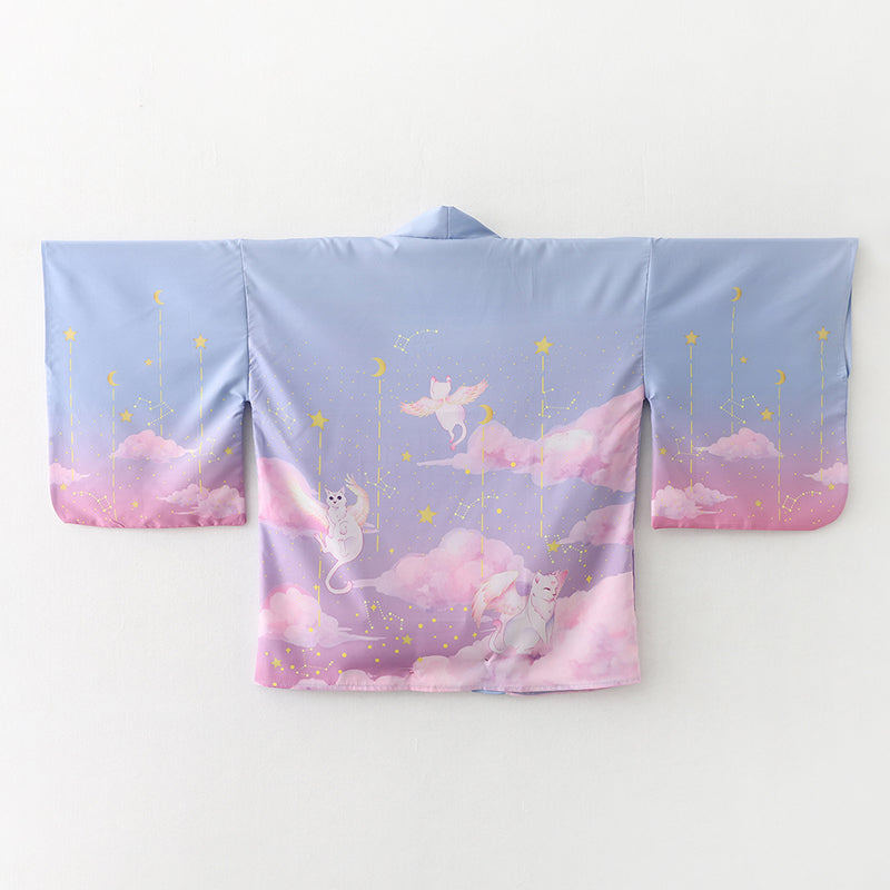 Elegant Sky Clouds Flying Cats Japanese Kimono-Enchanted peach