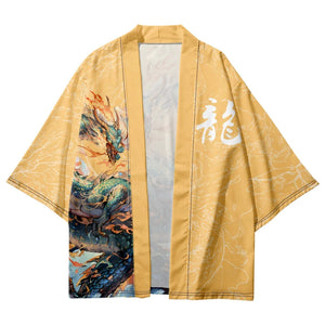 Emerald Flaming Dragon Golden Unisex Kimono-Enchanted peach