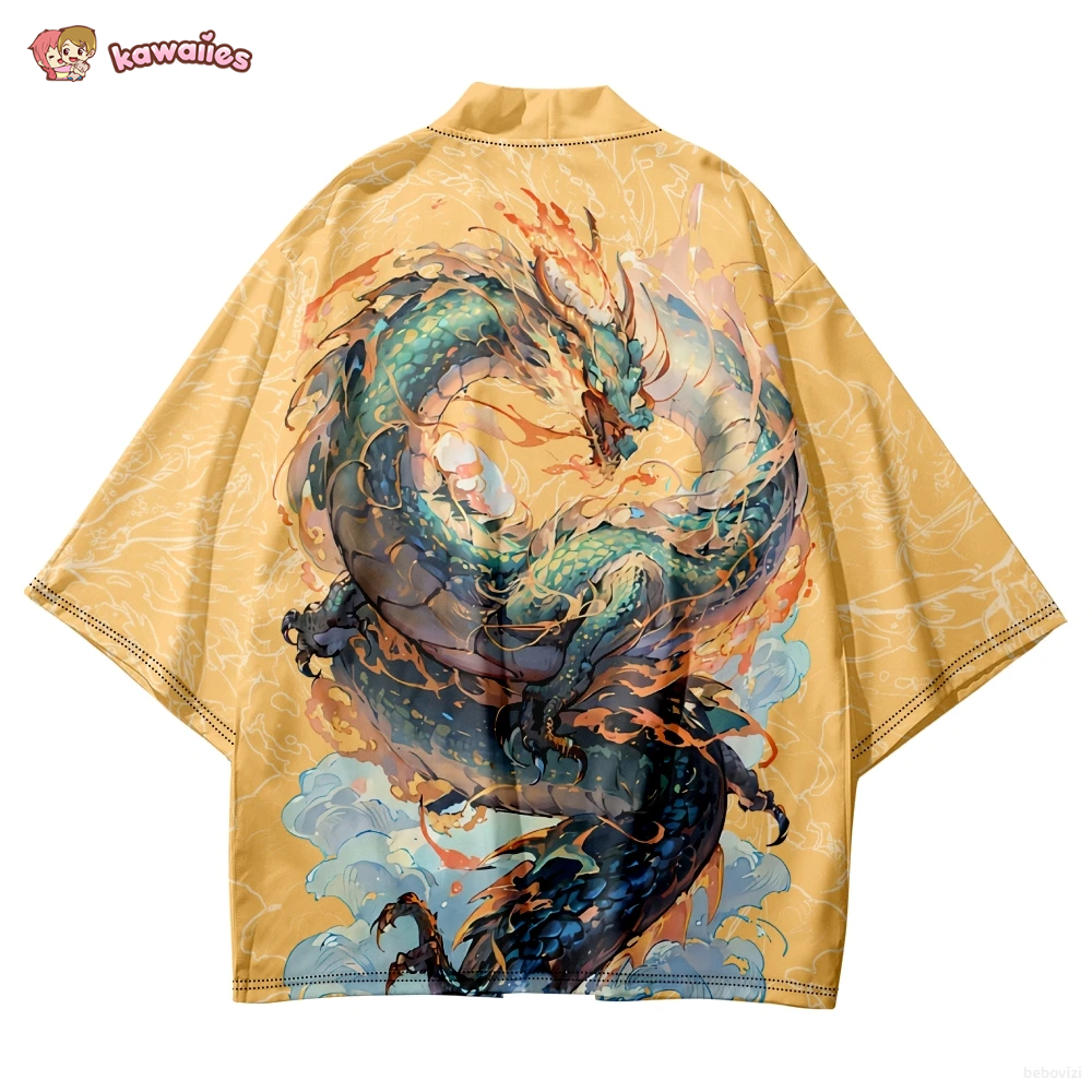 Emerald Flaming Dragon Golden Unisex Kimono-Enchanted peach