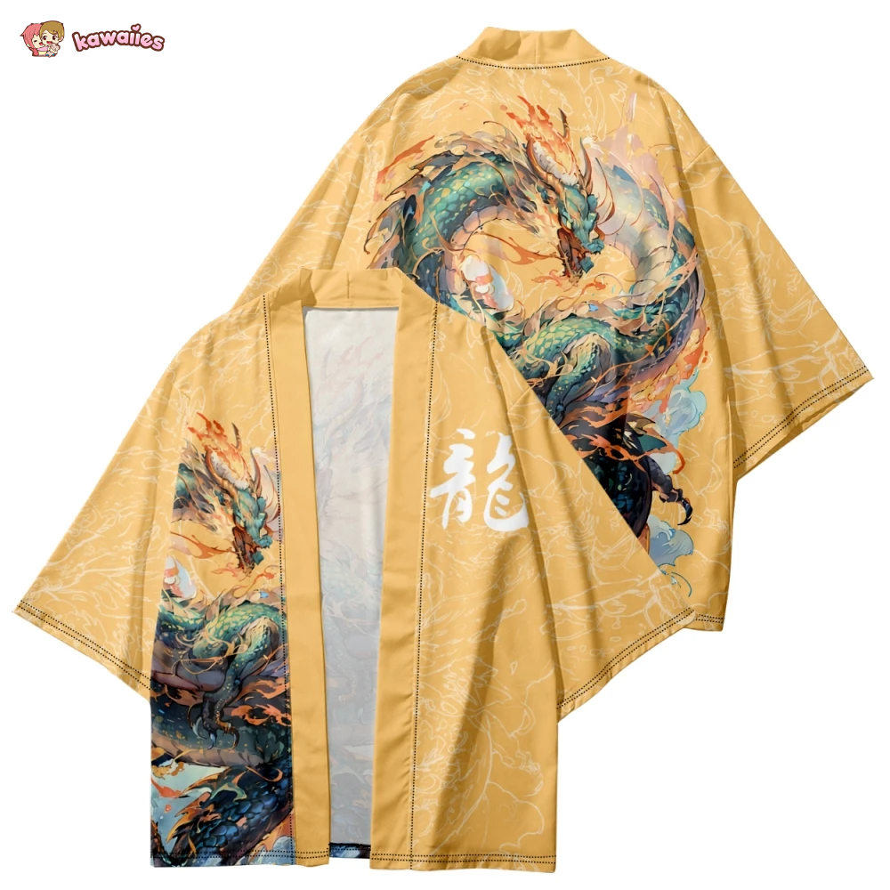 Emerald Flaming Dragon Golden Unisex Kimono-Enchanted peach