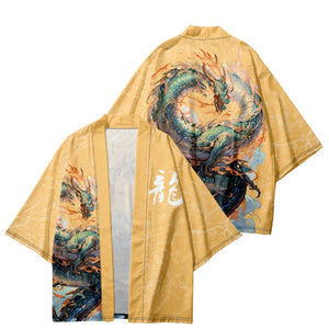 Emerald Flaming Dragon Golden Unisex Kimono-Enchanted peach