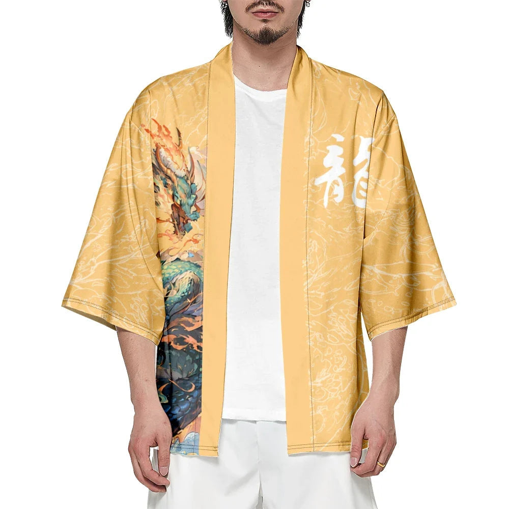 Emerald Flaming Dragon Golden Unisex Kimono-Enchanted peach