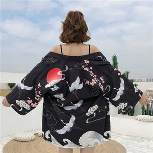 Exquisite Japanese-themed Crane Waves Women's Kimono Cardigan-Enchanted peach