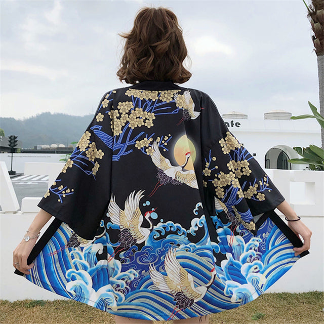 Exquisite Japanese-themed Crane Waves Women's Kimono Cardigan-Enchanted peach