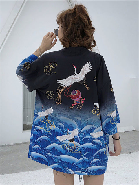 Exquisite Japanese-themed Crane Waves Women's Kimono Cardigan-Enchanted peach