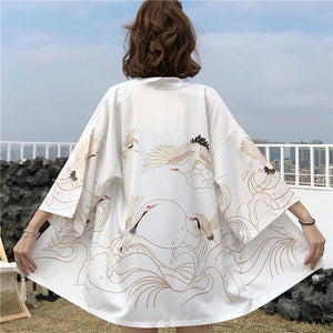 Exquisite Japanese-themed Crane Waves Women's Kimono Cardigan-Enchanted peach