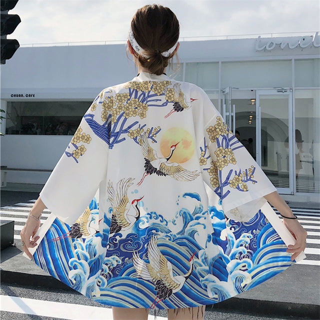 Exquisite Japanese-themed Crane Waves Women's Kimono Cardigan-Enchanted peach