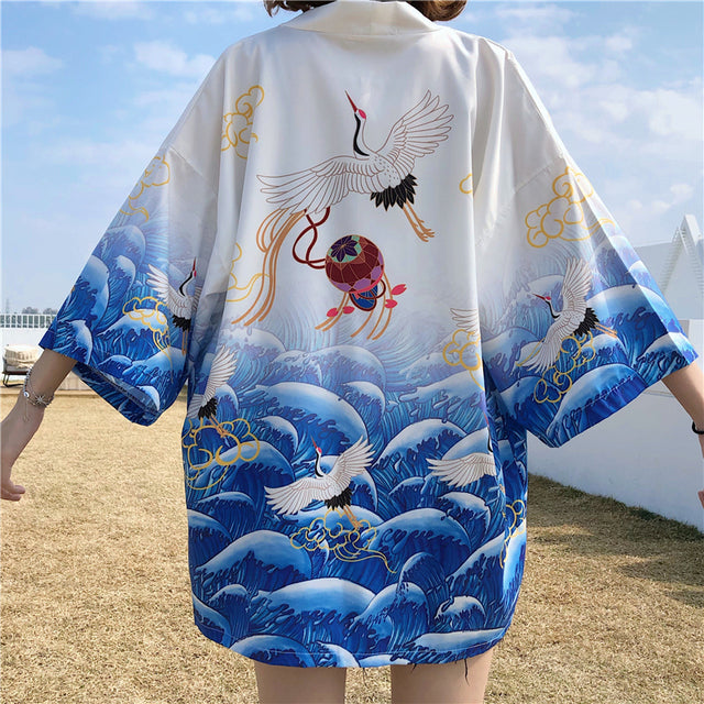 Exquisite Japanese-themed Crane Waves Women's Kimono Cardigan-Enchanted peach