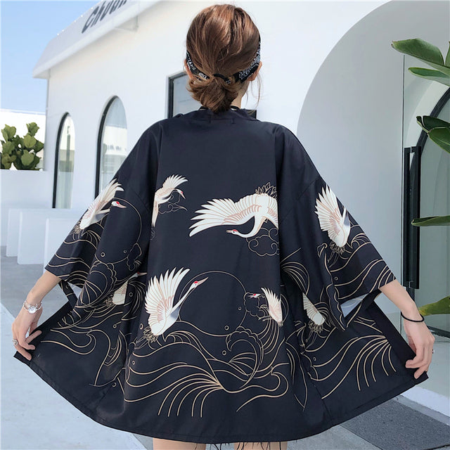 Exquisite Japanese-themed Crane Waves Women's Kimono Cardigan-Enchanted peach