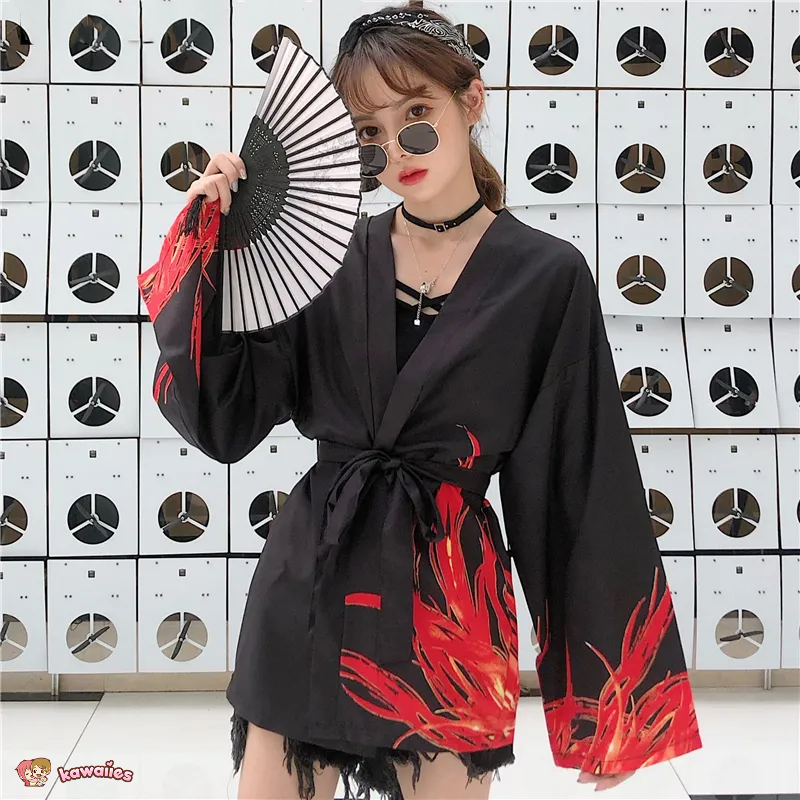 Flaming Red Phoenix Black White Women's Kimono Cardigan-Enchanted peach