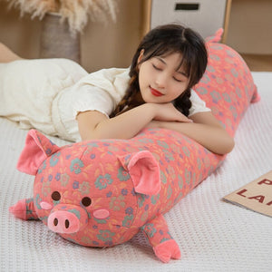 Floral Embroidered Pig Long Snuggle Buddy-Enchanted peach