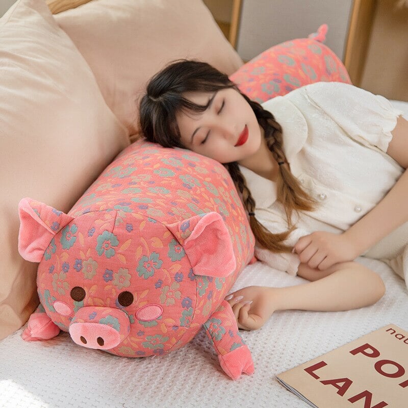 Floral Embroidered Pig Long Snuggle Buddy-Enchanted peach