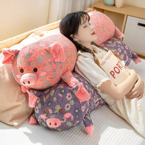 Floral Embroidered Pig Long Snuggle Buddy-Enchanted peach